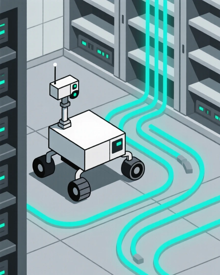 A view of space rover exploring terrain operating within a quiet data center, near a network of glowing wires, evoking quiet efficiency.