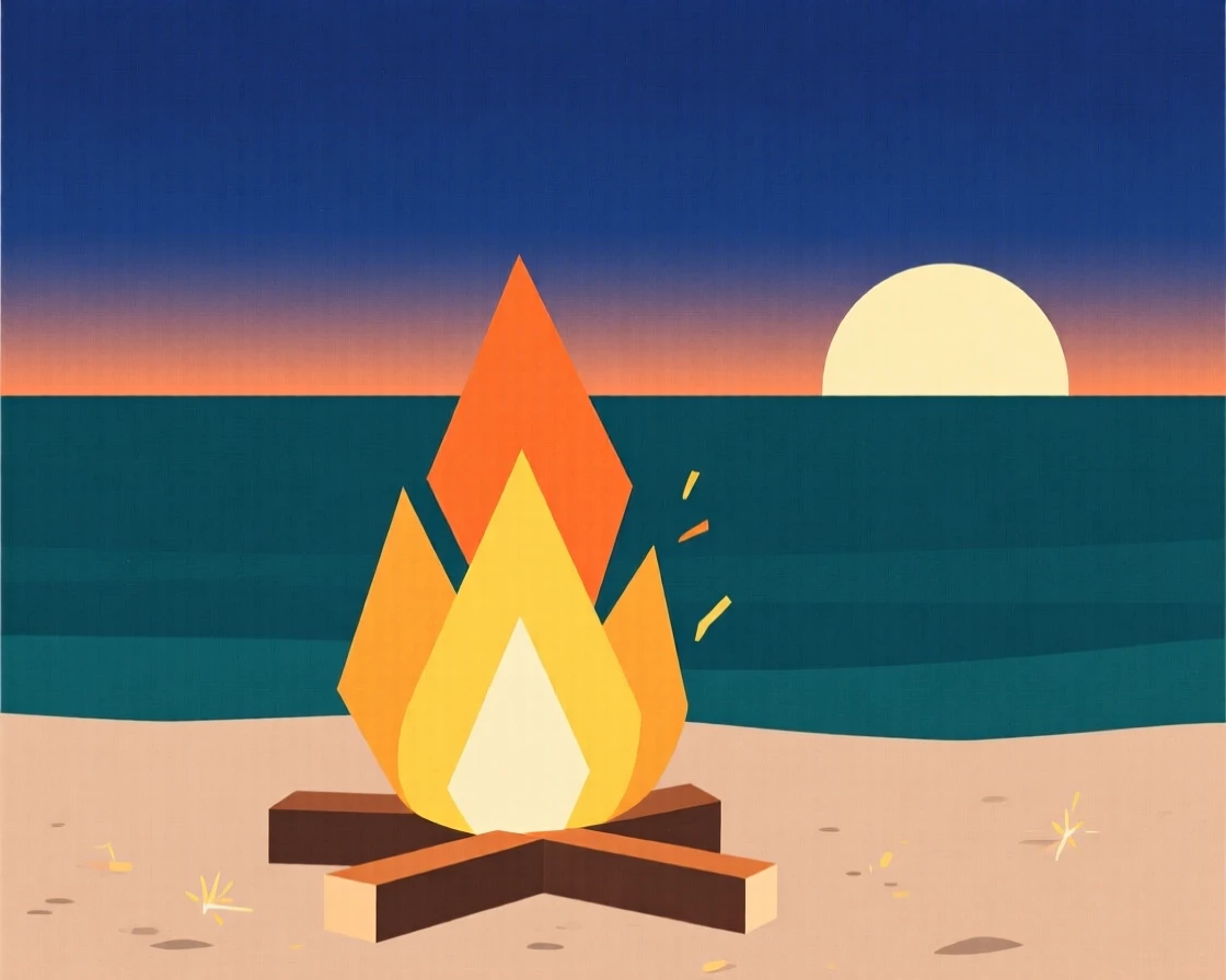 A beach bonfire glowing at dusk in summer