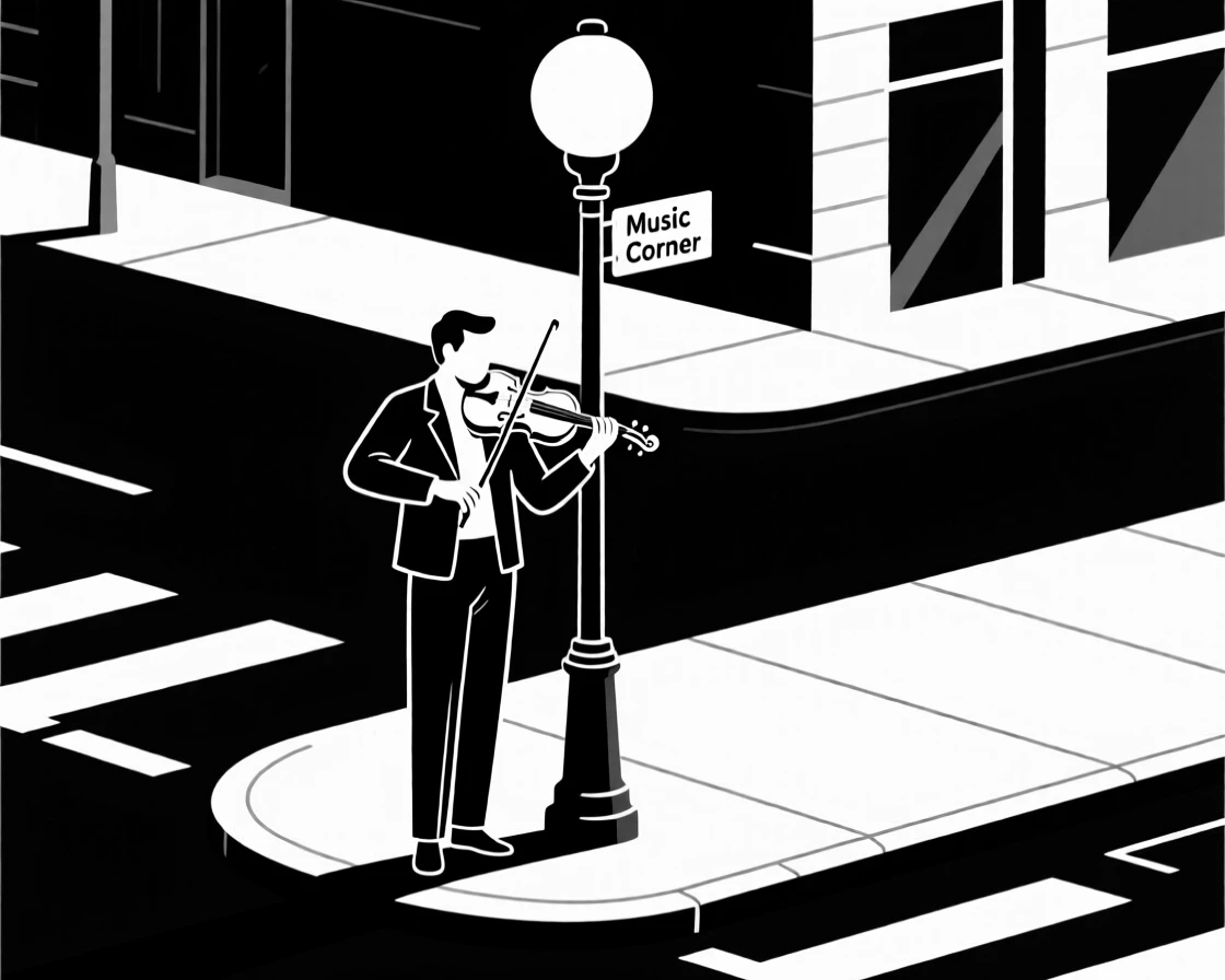 A musician playing violin on a city street corner.
