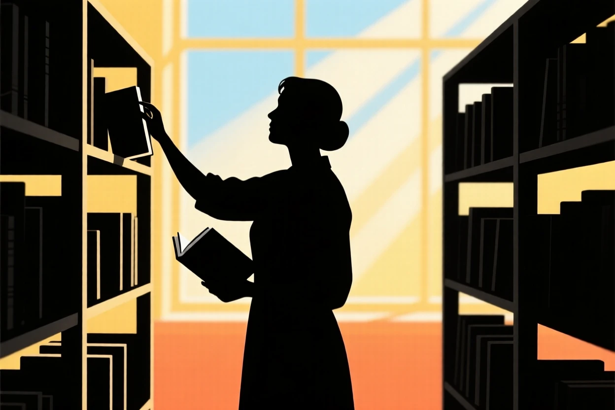 A librarian shelving books in a quiet, sunlit reading room.