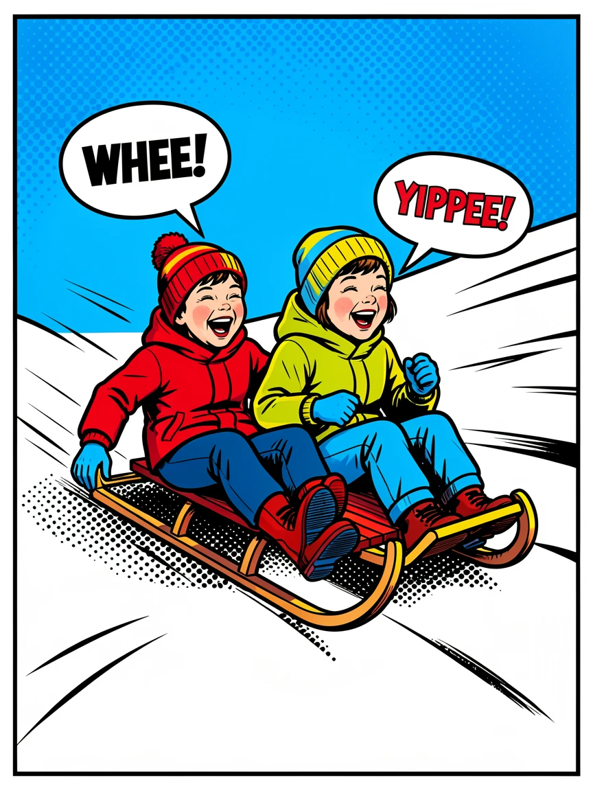 Children sledding down a snowy hill with joyful laughter