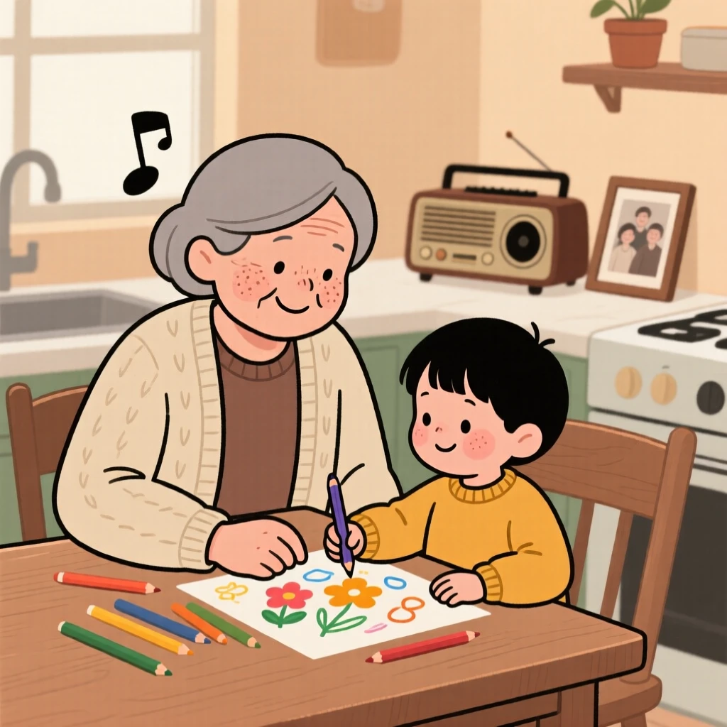 A grandmother teaches a curious toddler how to sketch with colored pencils at the kitchen table while the radio plays an old familiar tune, both focused and smiling.