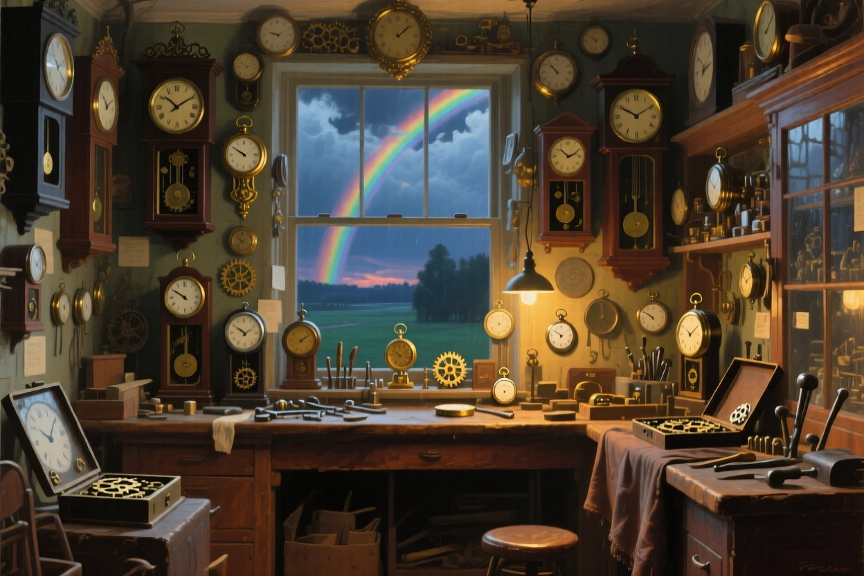 A centered composition of a cluttered clockmaker's shop with dozens of ticking timepieces, under the night sky, under a rainbow after a storm.