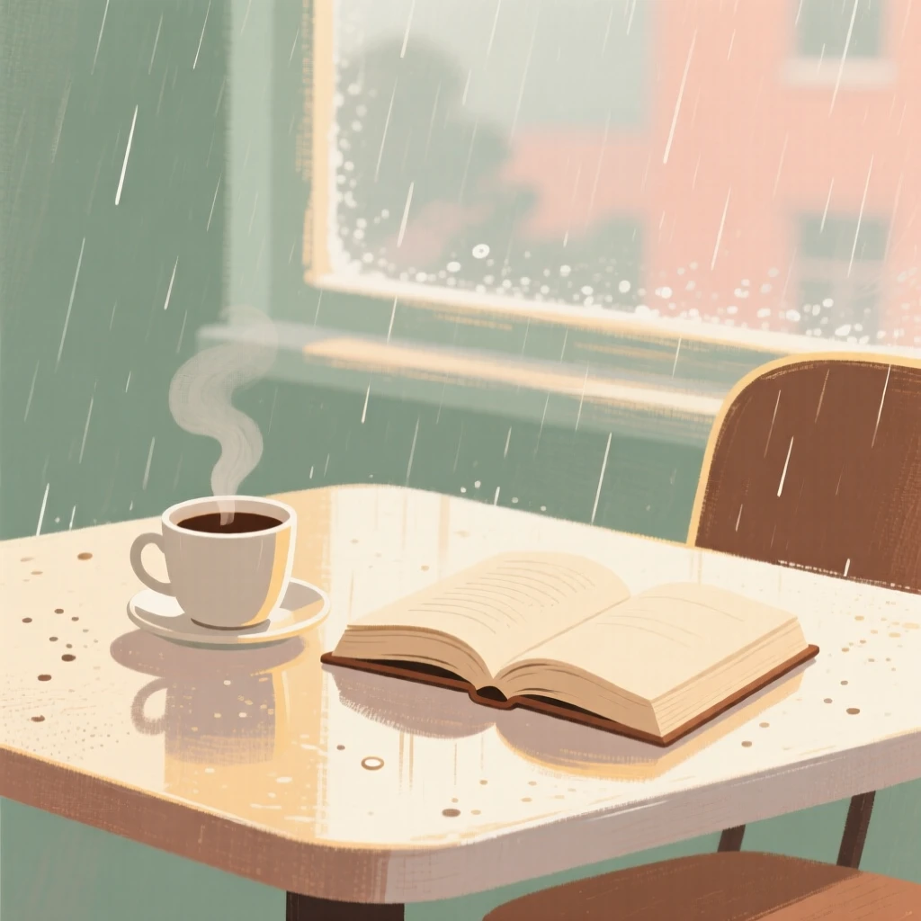 A cup of coffee beside an open book on a rainy morning table