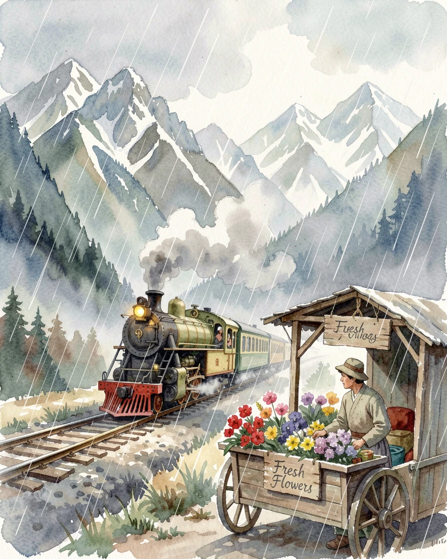 A train winding through snow-capped mountains in gentle rain with a local vendor selling fresh flowers.