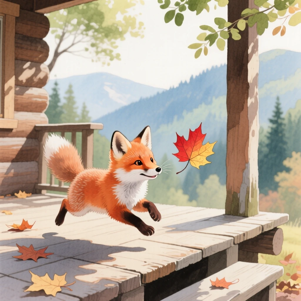 A baby fox chases a fluttering leaf in a mountain cabin porch, while soft light filters through nearby leaves