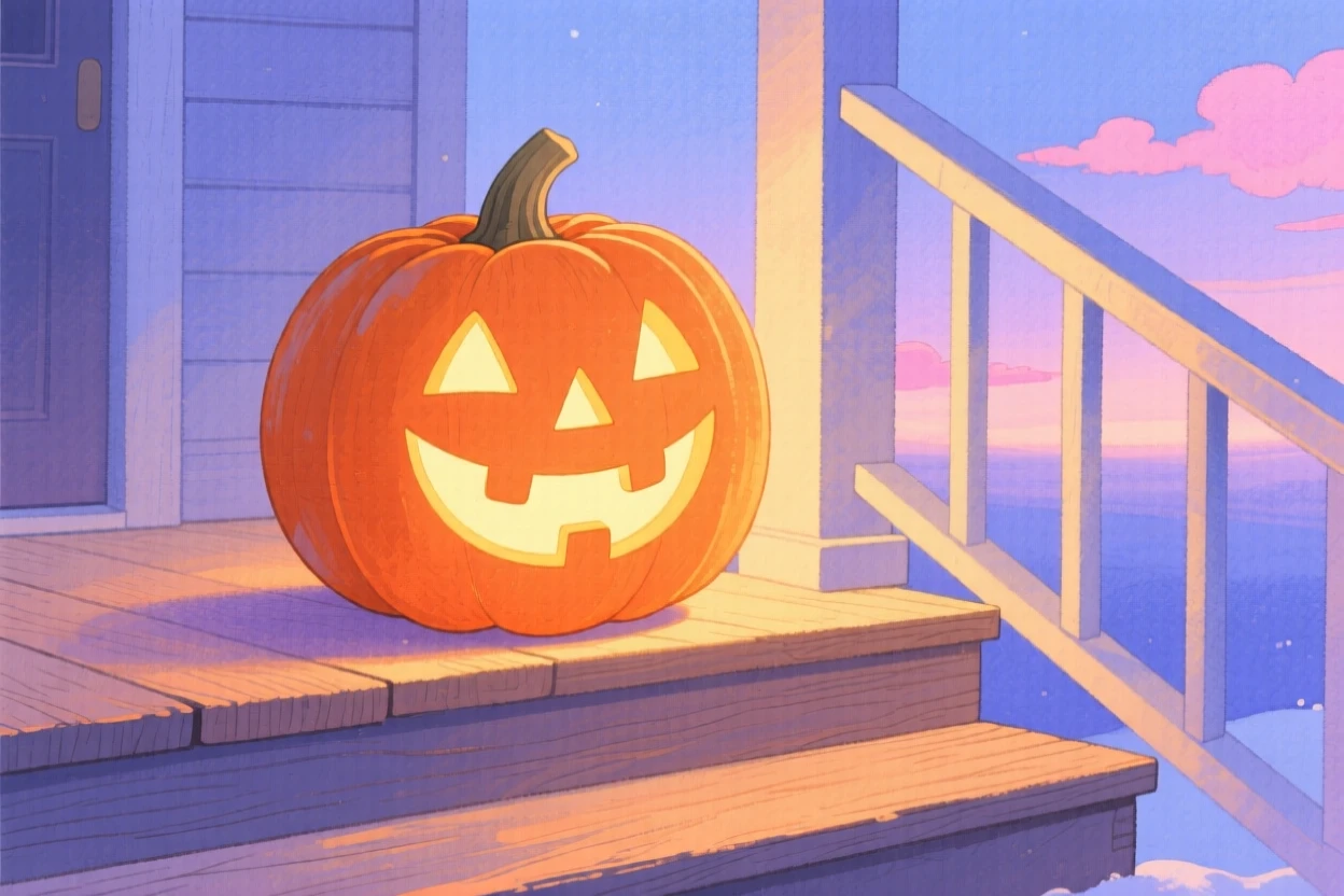 A heartwarming holiday moment: a jack-o'-lantern glowing on a porch step at dusk.