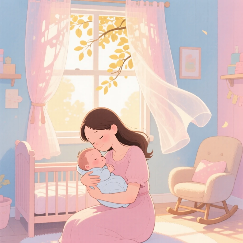 A newborn baby and mother resting together in a sunlit nursery, in a soft pastel nursery with floating curtains, with soft afternoon light filtering through leaves, pure unconditional love.