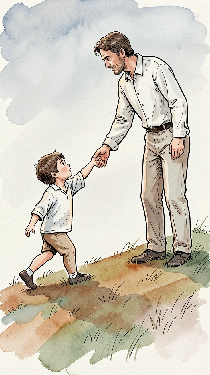 A child reaching for the outstretched hand of a parent atop a hill, a feeling of quiet determination and resilience.