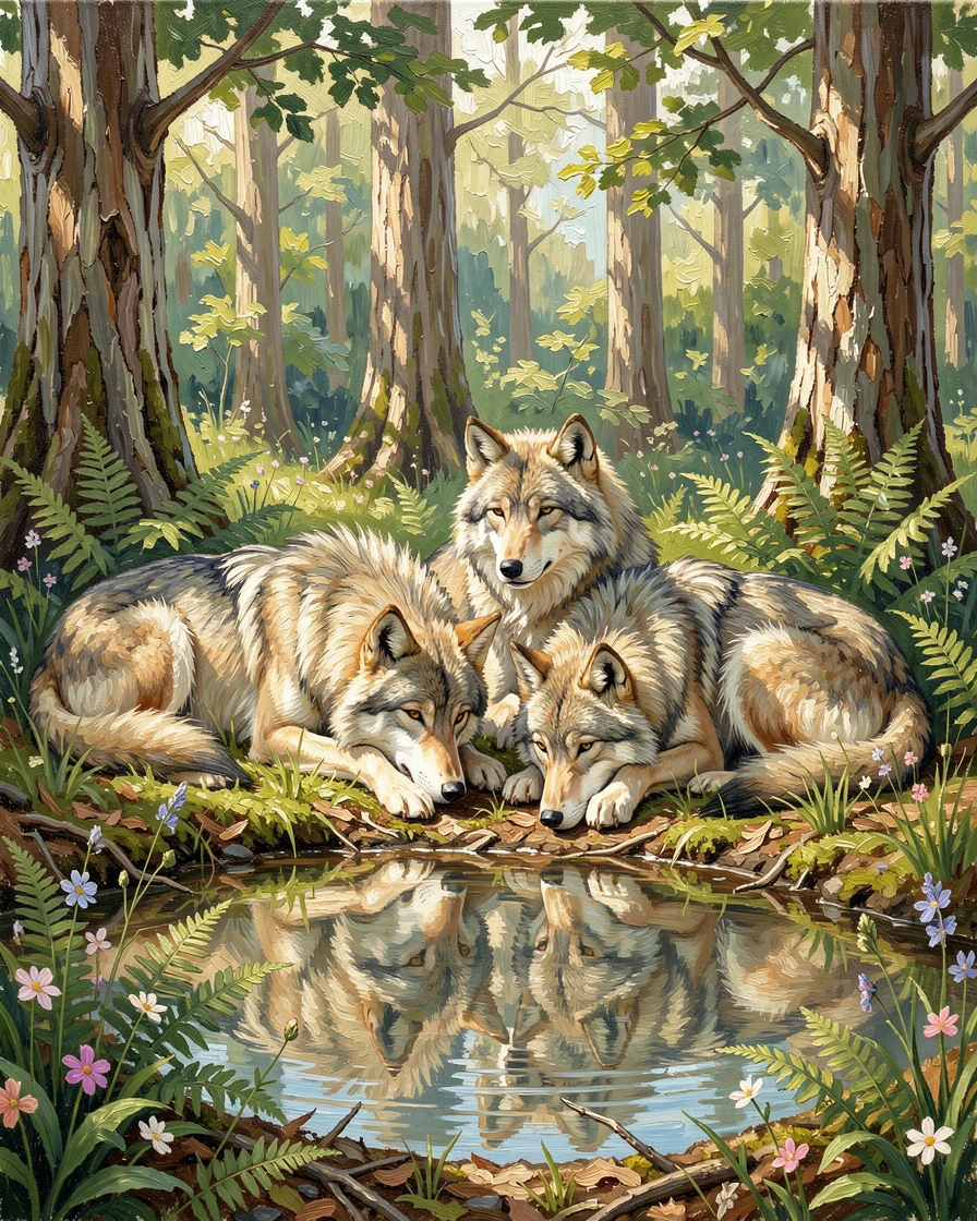 A family of wolves resting in a forest clearing, it drinking from the cool water's edge, in a sunlit forest clearing surrounded by ferns, on a clear summer afternoon.