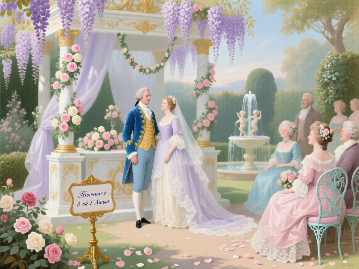 A garden wedding altar beneath cascading wisteria  