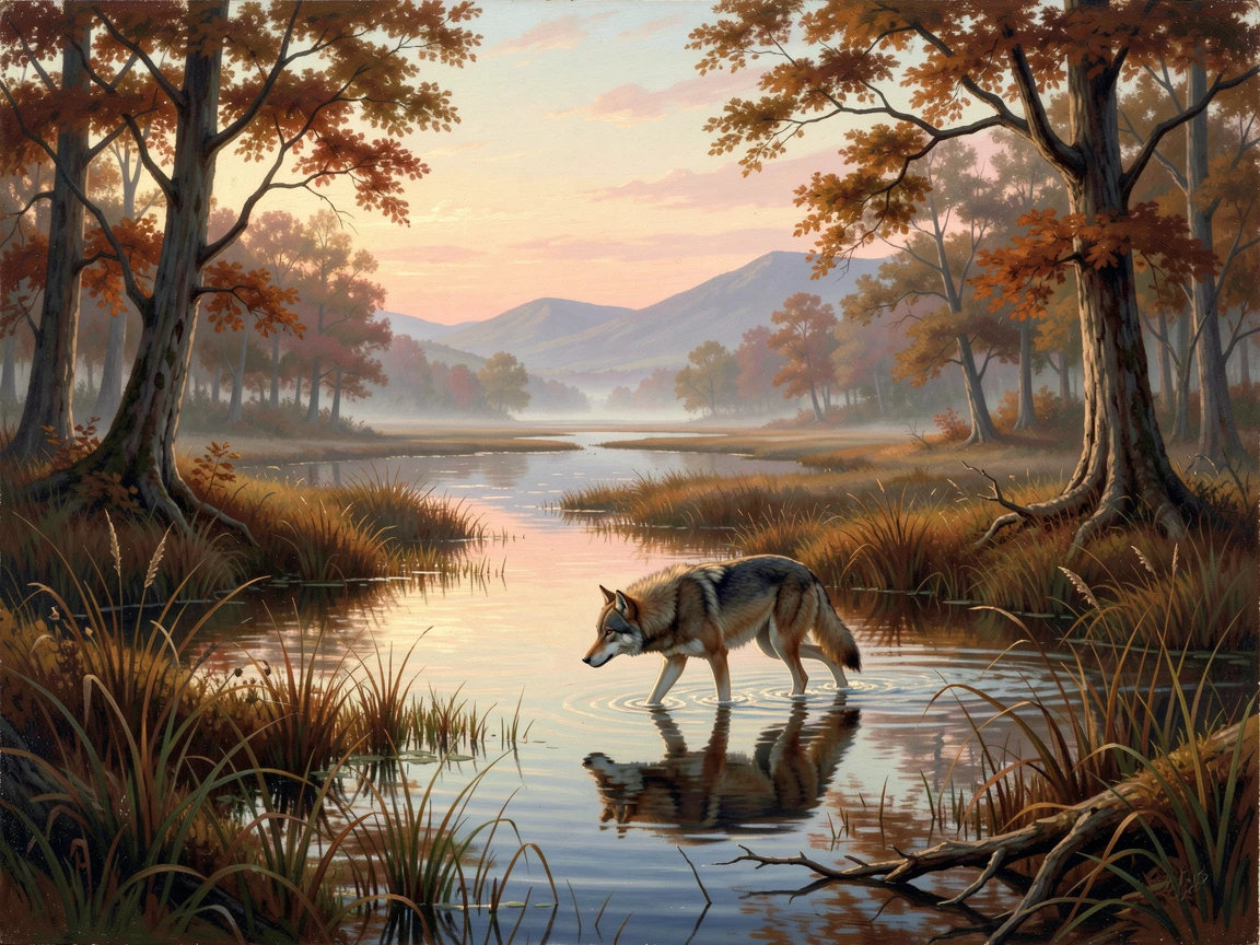 A wolf glides across a quiet marsh at first light as the water shimmers in the light.