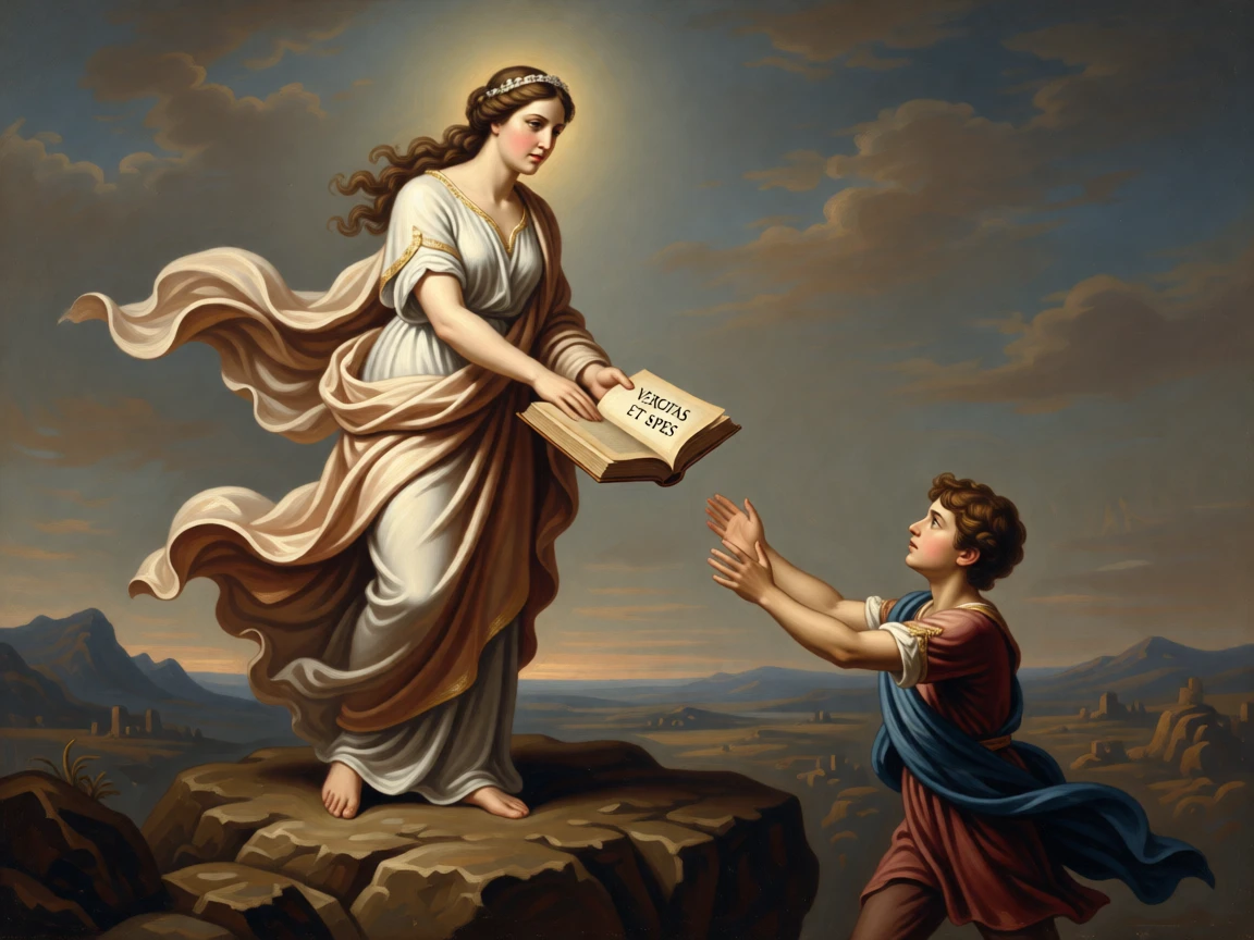 The figure of Wisdom offering an open book to eager youth as light and shadow embody opposing truths, set atop a rocky promontory overlooking a vast unknown, with drapery caught in a wind that seems to come from another world; radiating light from the central figure draws every eye inward, suggesting hope, transformation, and the endurance of the human spirit.