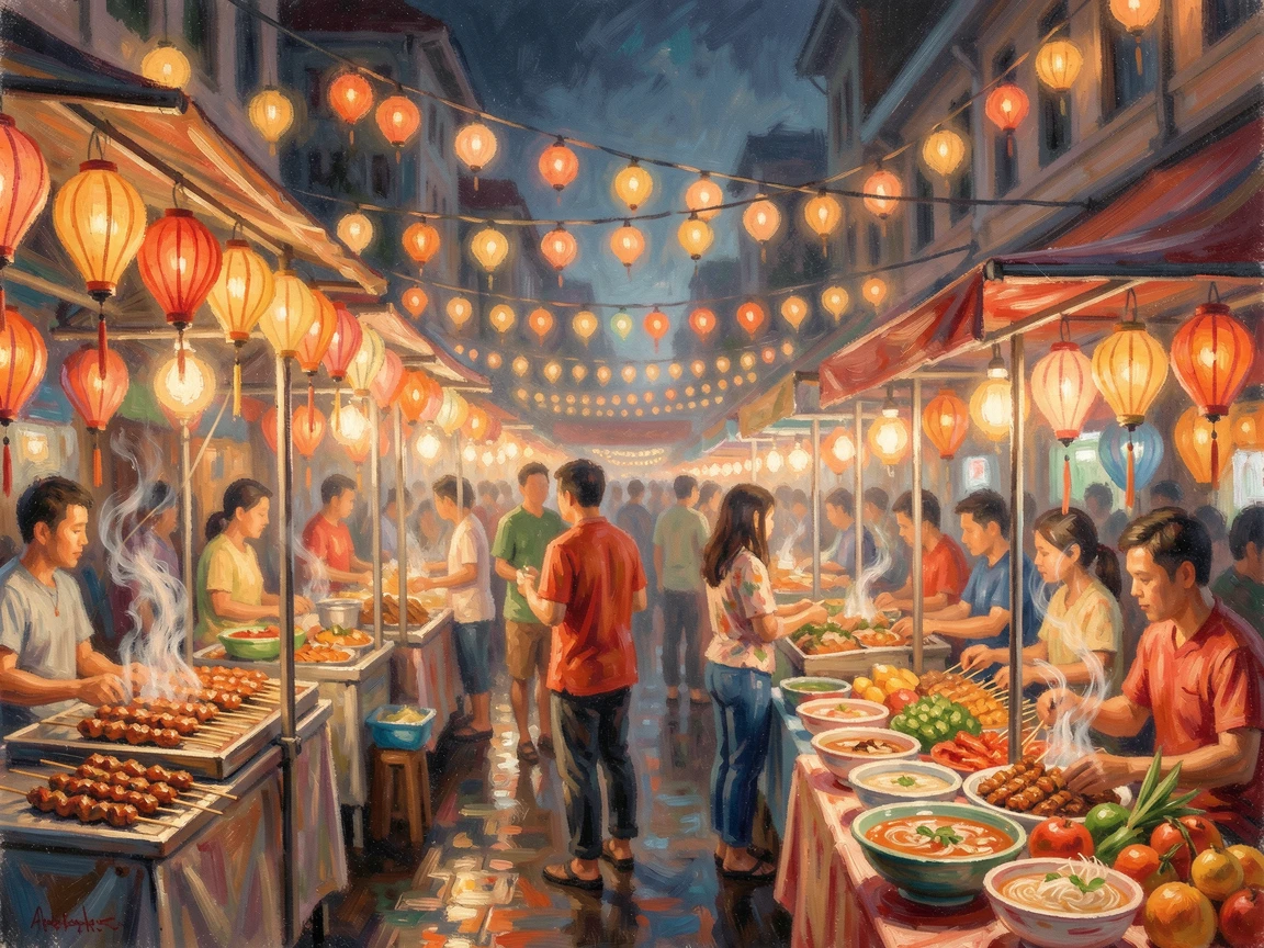 A crowded night market in Bangkok, strings of lanterns glowing above stalls of steaming street food, conveying a feeling of romance and tranquility.