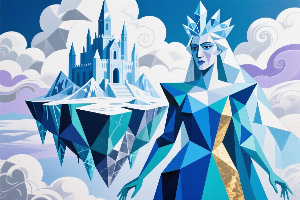 A magical scene of an ice queen's palace atop a floating mountain wreathed in clouds.