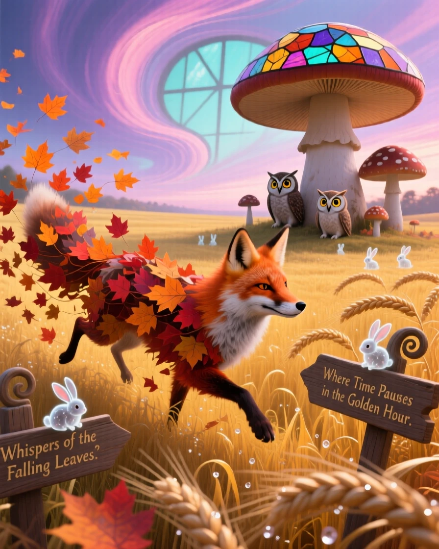 A fox made of autumn leaves running through a golden field drifts silently beneath a sky painted in soft twilight colors, as small creatures pause to watch it pass by in silence.