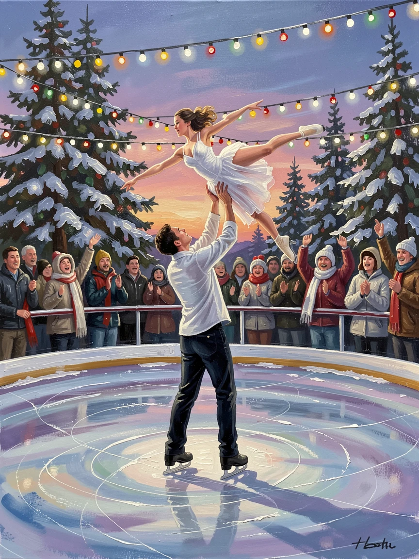 A pair of figure skaters execute a dramatic lift on an outdoor rink surrounded by twinkling holiday lights, the surrounding crowd adding energy and movement to the edges of the composition.
