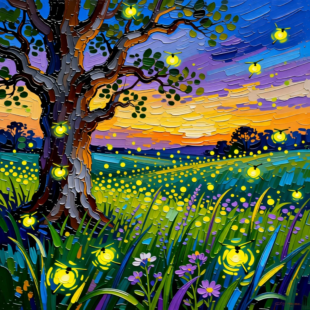 A firefly-lit meadow glowing with hundreds of tiny points of light at dusk