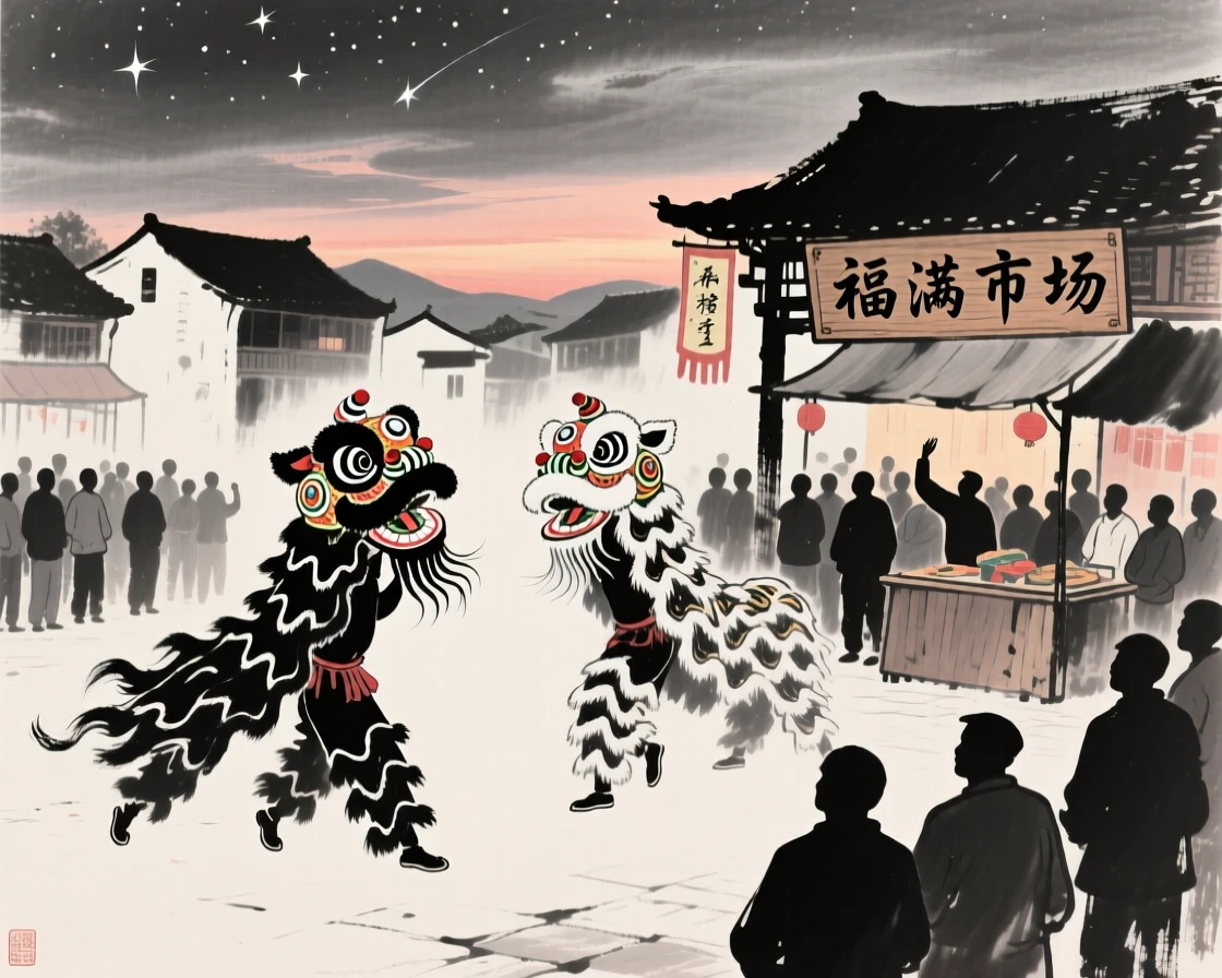 A lion dance troupe performs before a crowd gathered in a market square, as the first stars appear above the festive village.