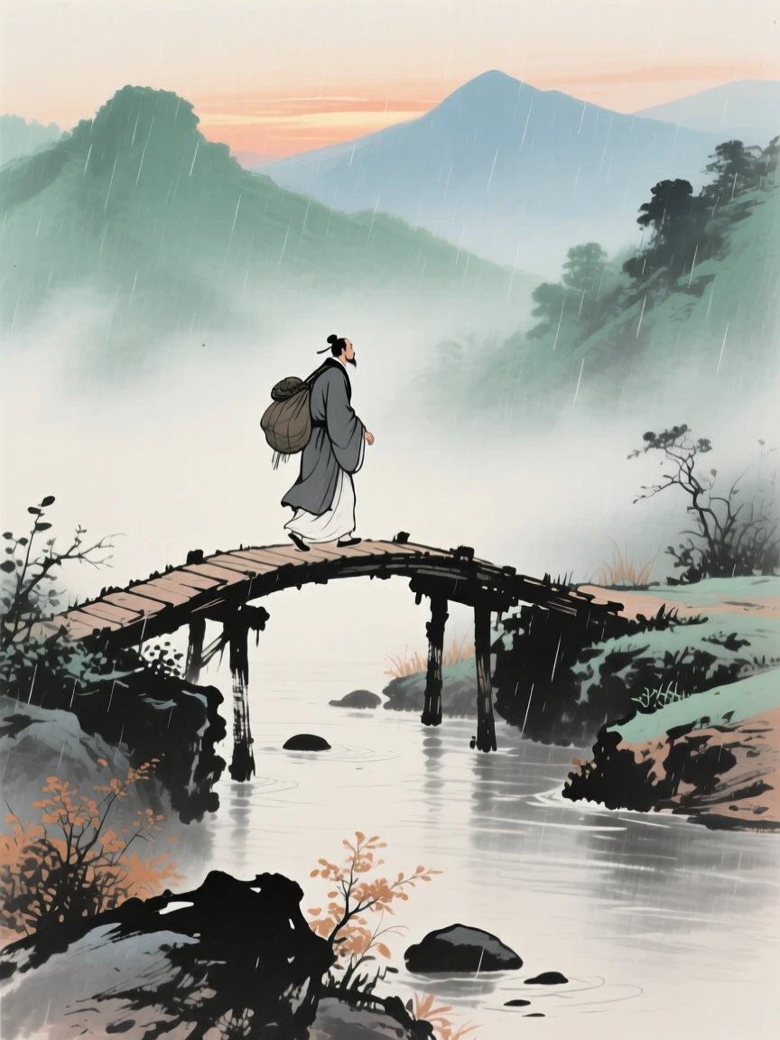 A lone traveler crossing a footbridge with a bundle over his shoulder, conveying a deep sense of harmony with nature, in a gentle drizzle, at dusk.