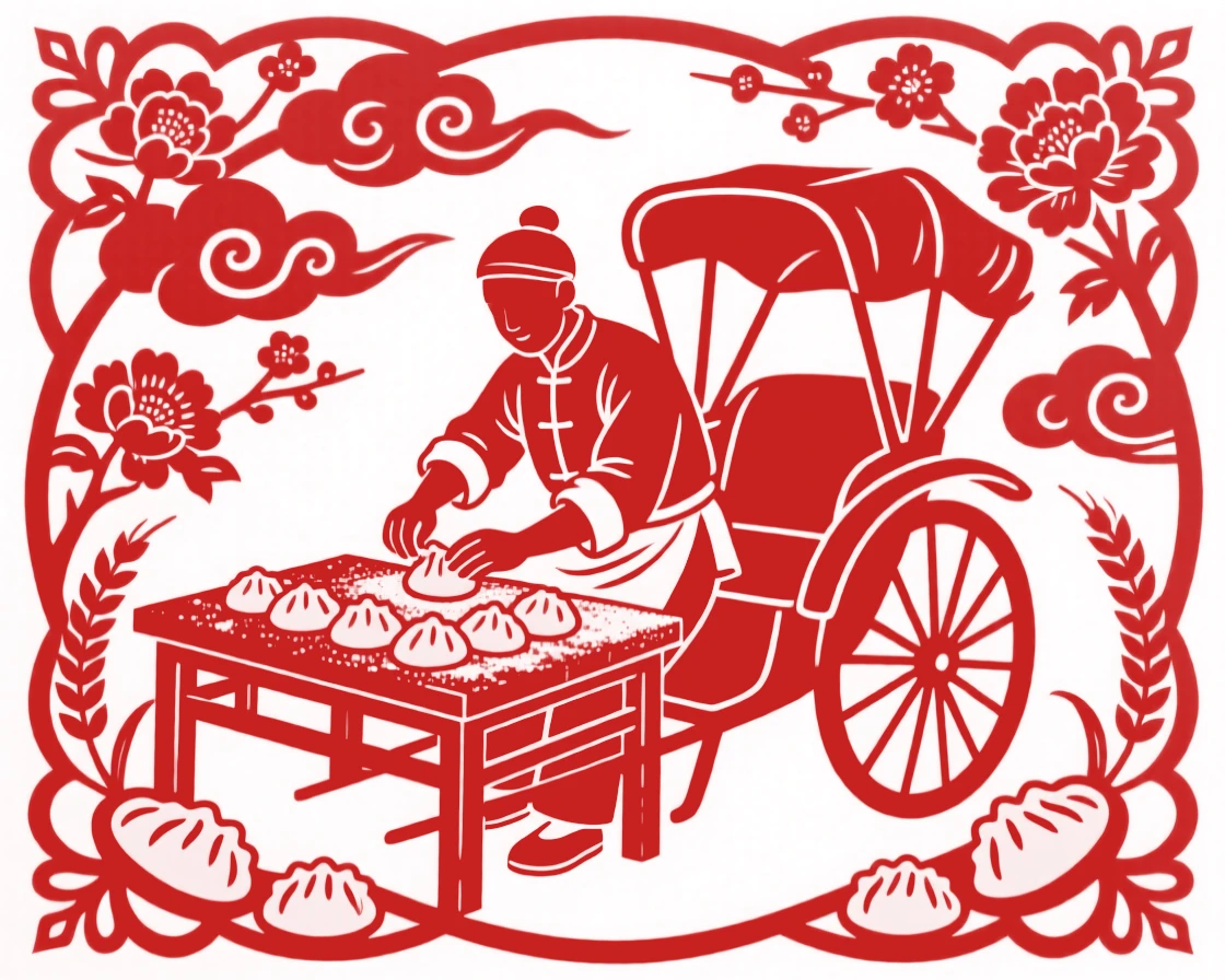 A rickshaw puller, folding dumplings at a flour-dusted table, in filled with the comfort of familiar routine.