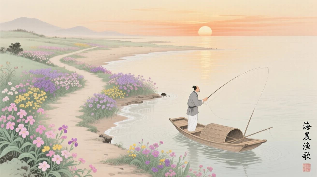 A coastal path lined with wildflowers at sunrise, a single fisherman casting a line from a small boat