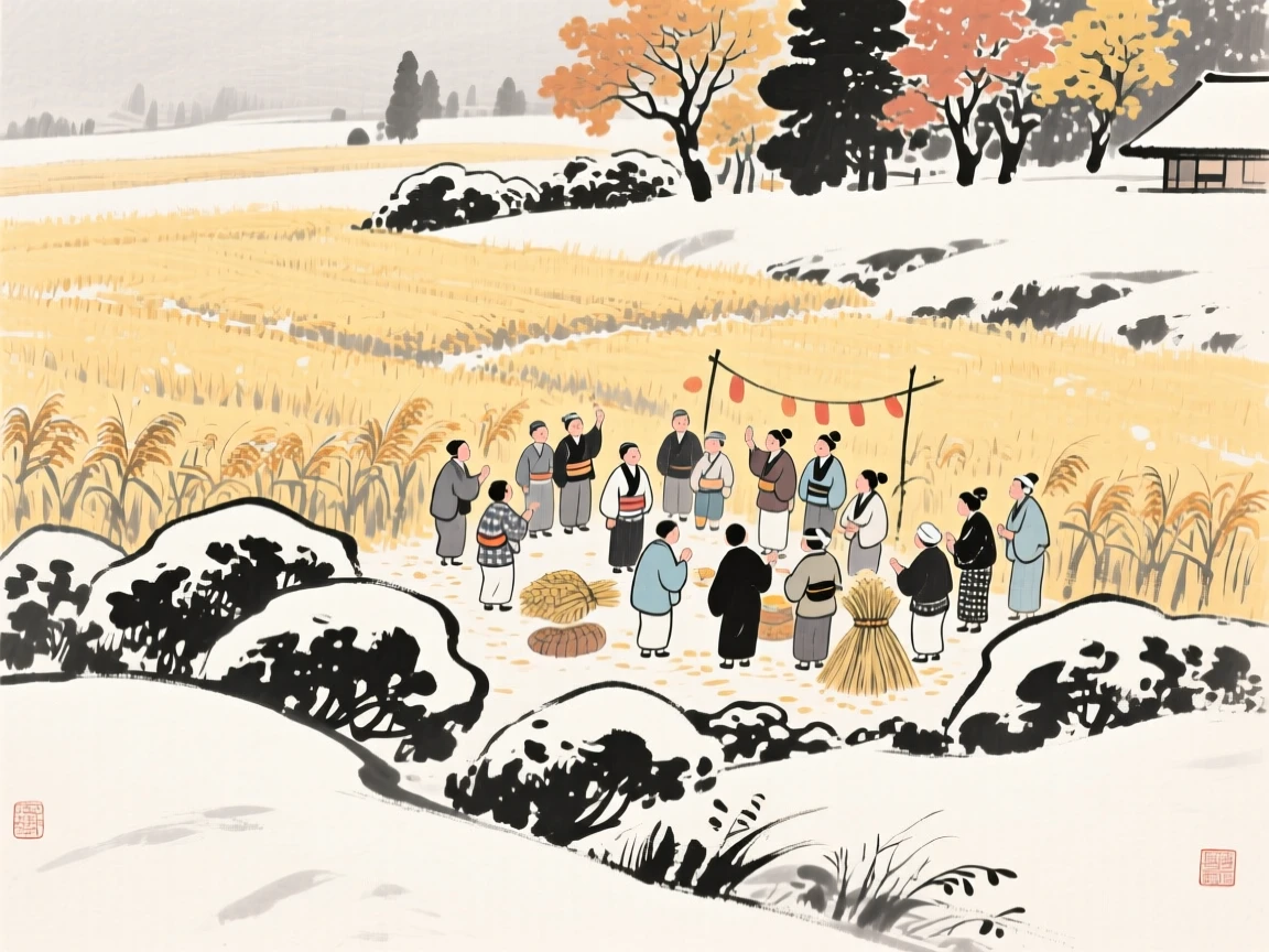 A harvest celebration in a golden autumn field within a snow-dusted garden, seen from a gentle elevated view over the gathering below, conveying cozy stillness and seasonal wonder.