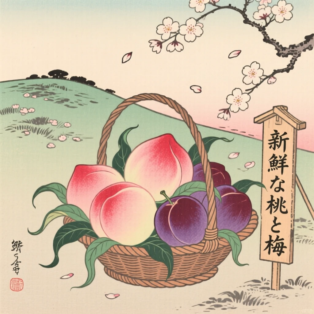 A basket of fresh peaches and plums shaped into an elegant windswept form.