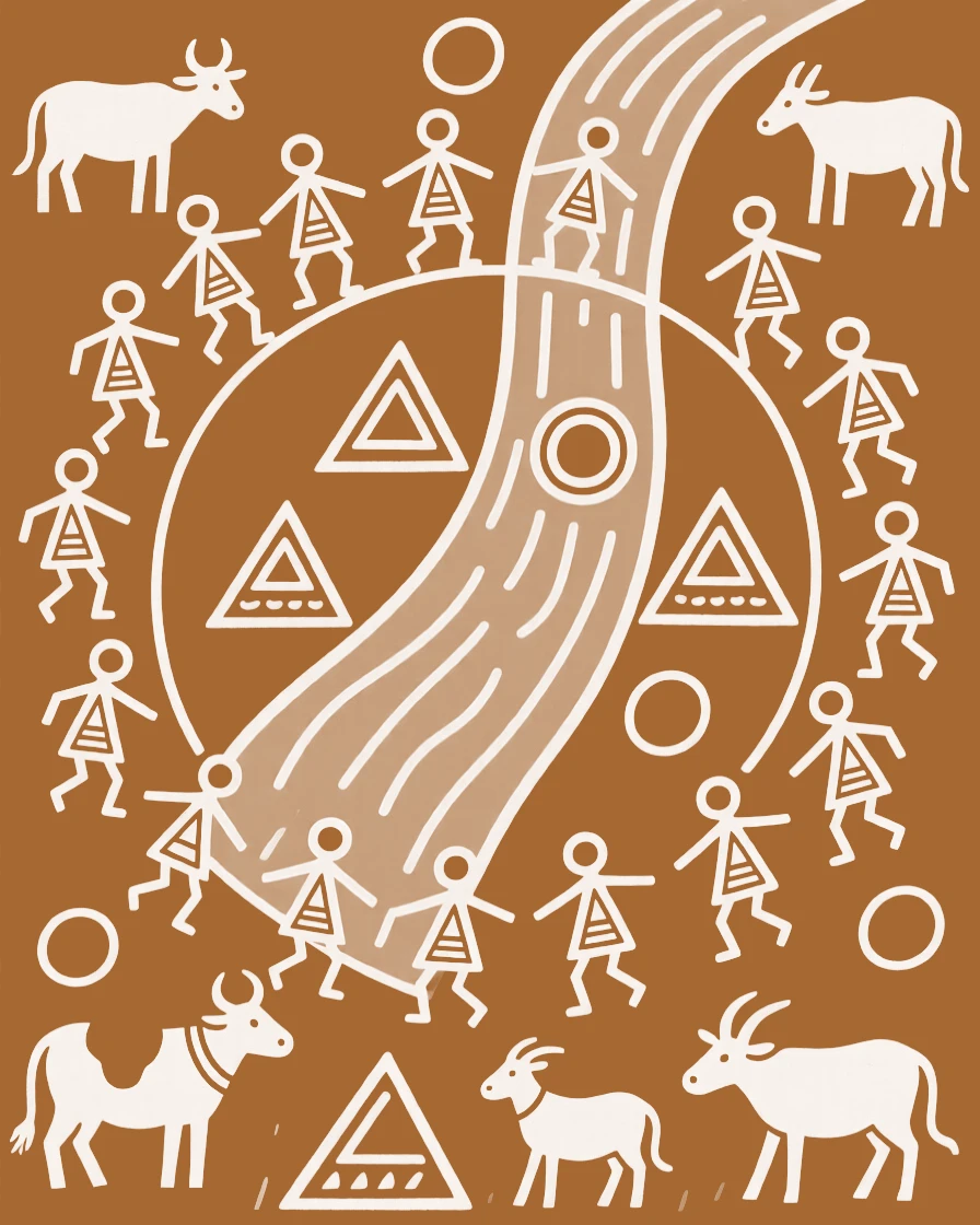 A composition centered on a river confluence point surrounded by dancing figures and grazing animals.