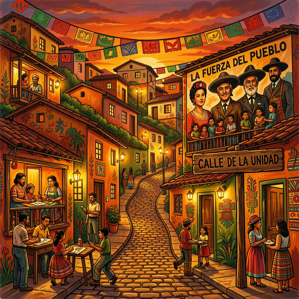 A hillside town glowing warmly as evening lights turn on