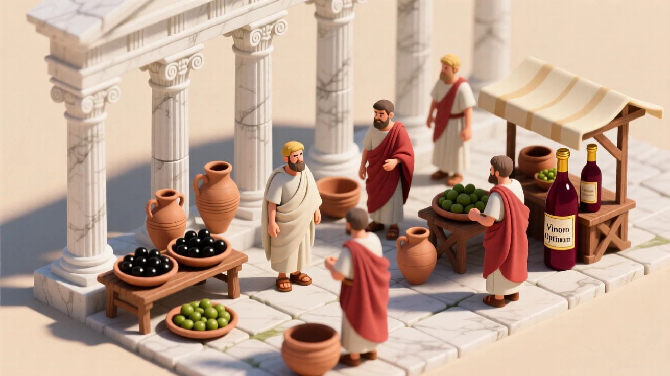 An ancient Roman marketplace bustling with togate merchants selling pottery, olives, and wine beneath marble columns.