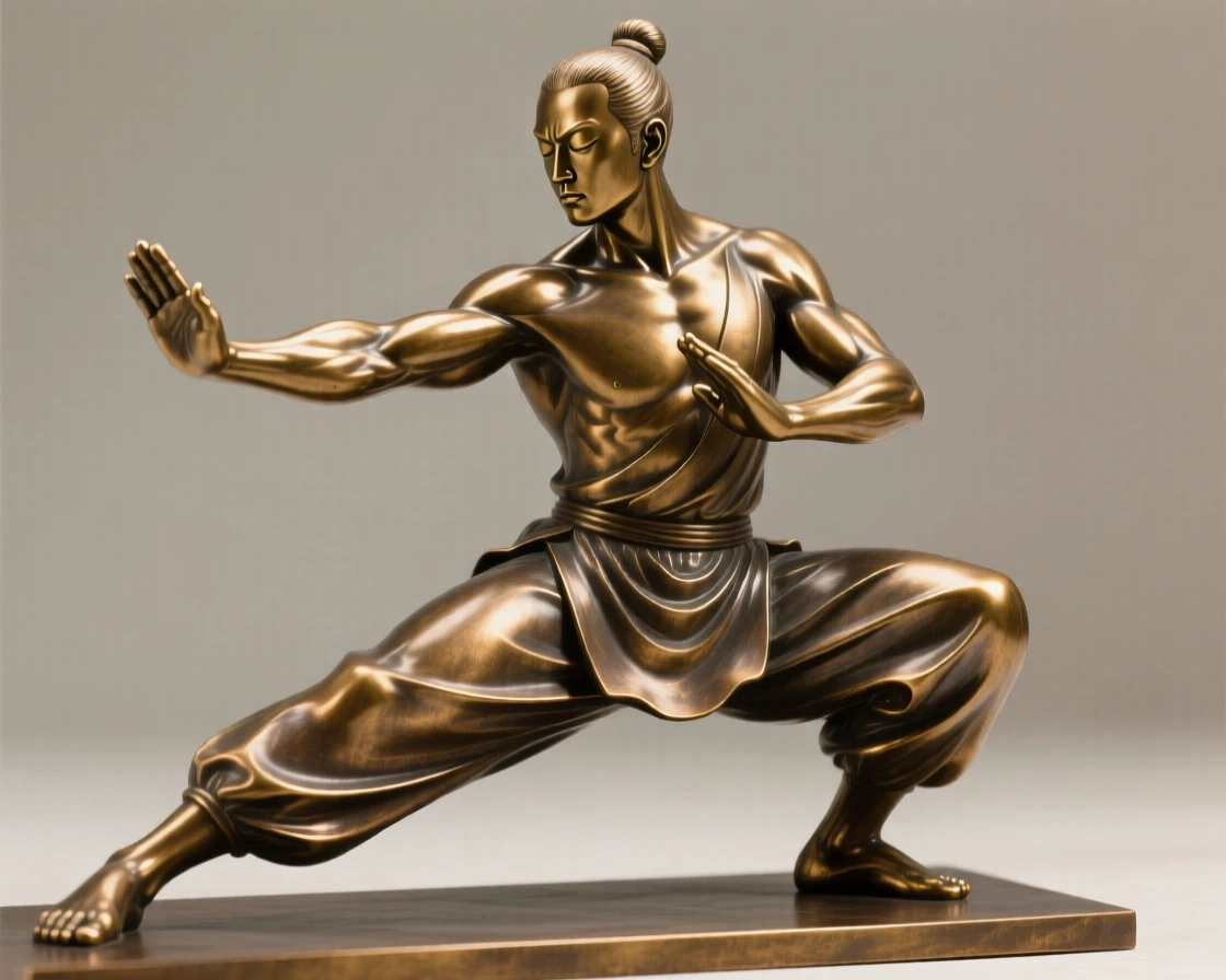 A martial artist in perfect stillness before striking, with eyes closed in peaceful serenity, forming a strong central focal point