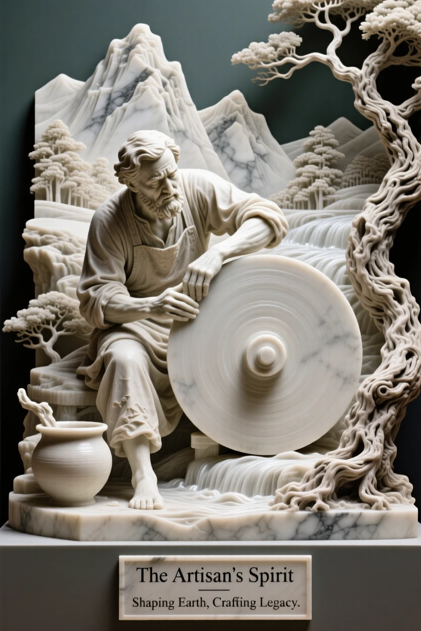 A vivid, emotionally rich scene of a potter shaping clay on a spinning wheel, framed by dramatic natural scenery, designed to captivate and inspire