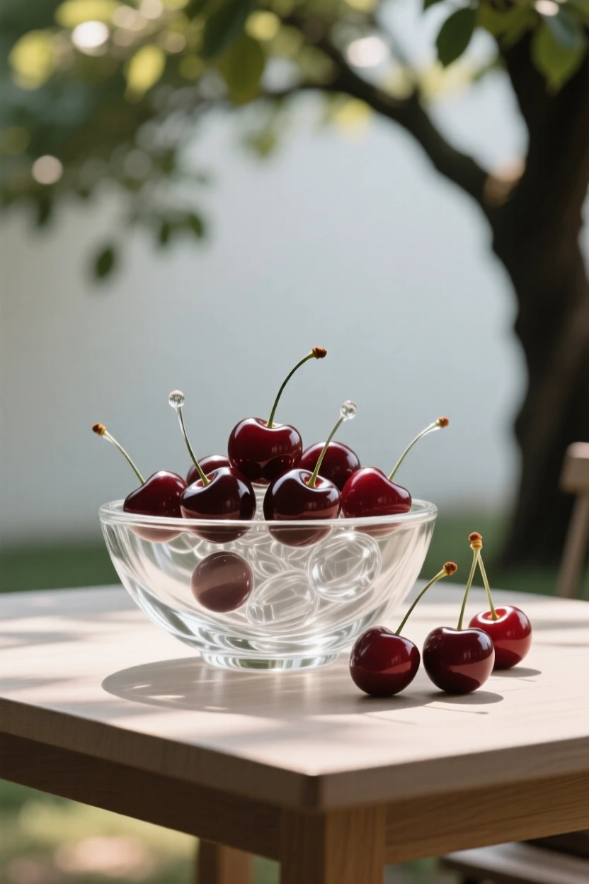 A bowl of cherries spilling gently across a table, on a table set outdoors beneath a shady tree