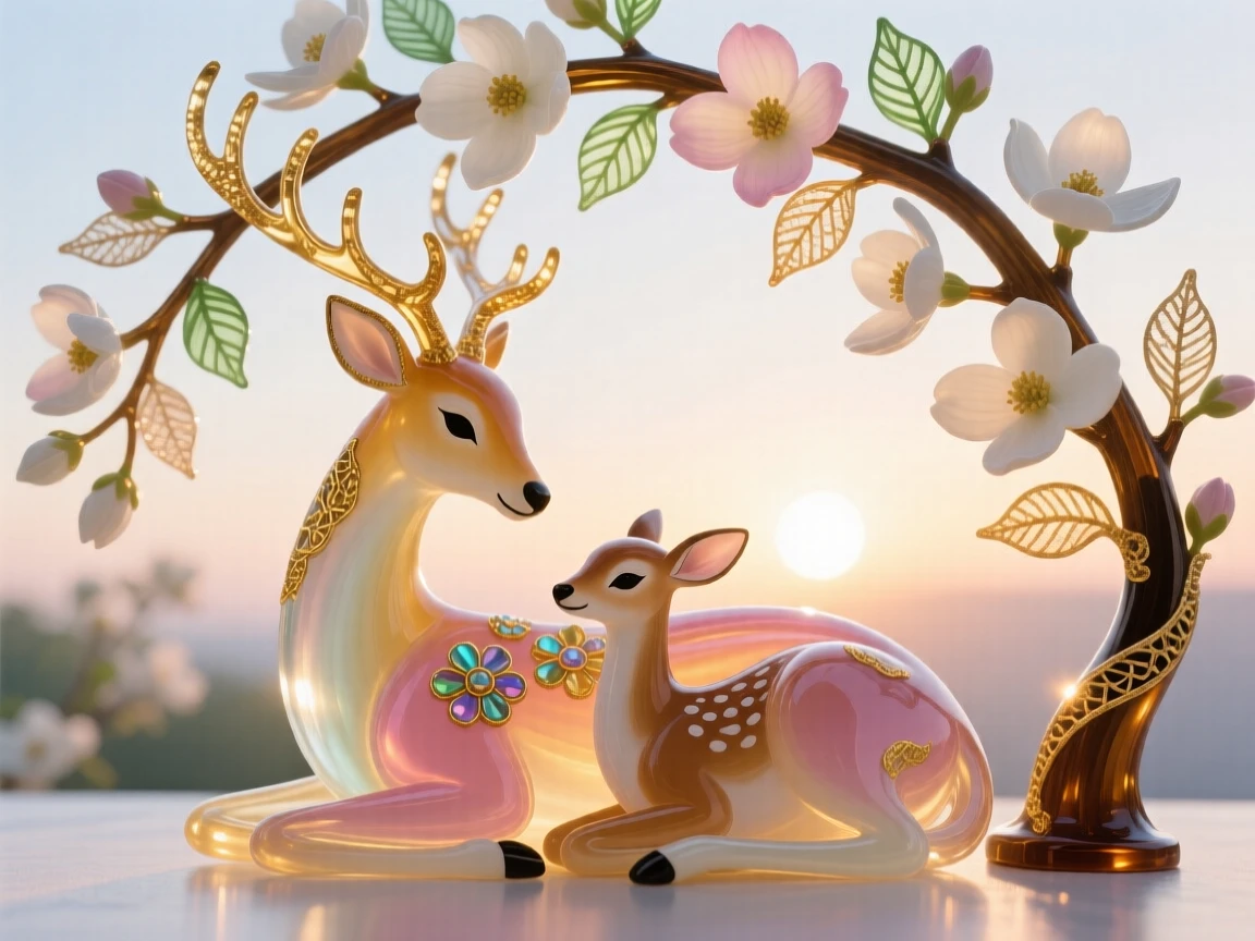 A mother deer and fawn resting beneath a canopy of blooming dogwood at the crack of dawn, tender and serene.
