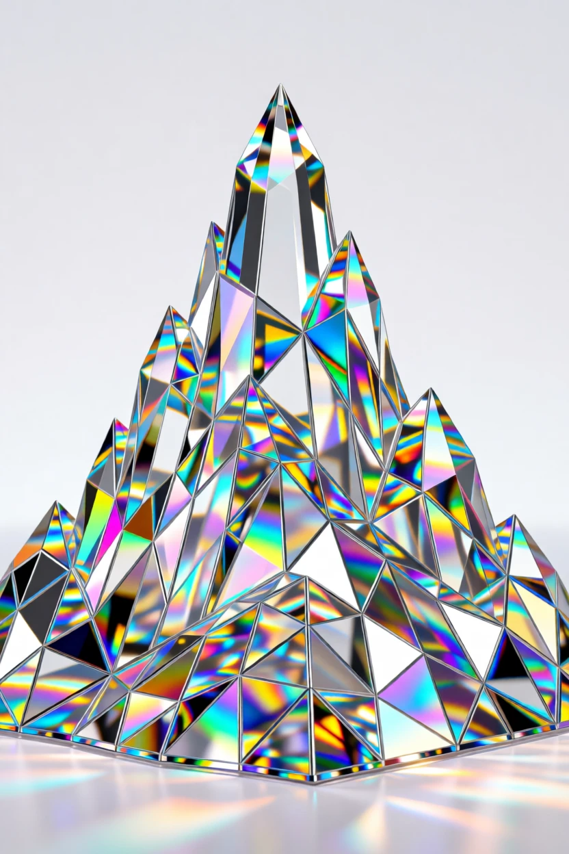 An abstract composition of geometric shards of colored glass forming a mountain peak.