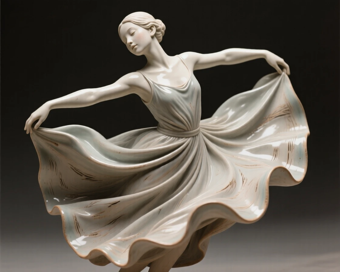 A dancer twirling in a swirl of fabric gazing softly into the distance, draped in flowing garments that ripple with movement, evoking tenderness and quiet intimacy.
