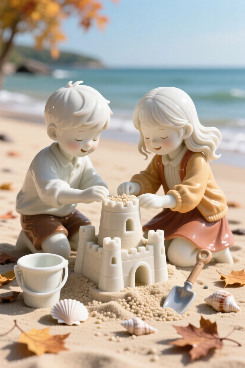 A cozy autumn moment: a warm beach scene with children building sandcastles, evoking warmth and nostalgic comfort.