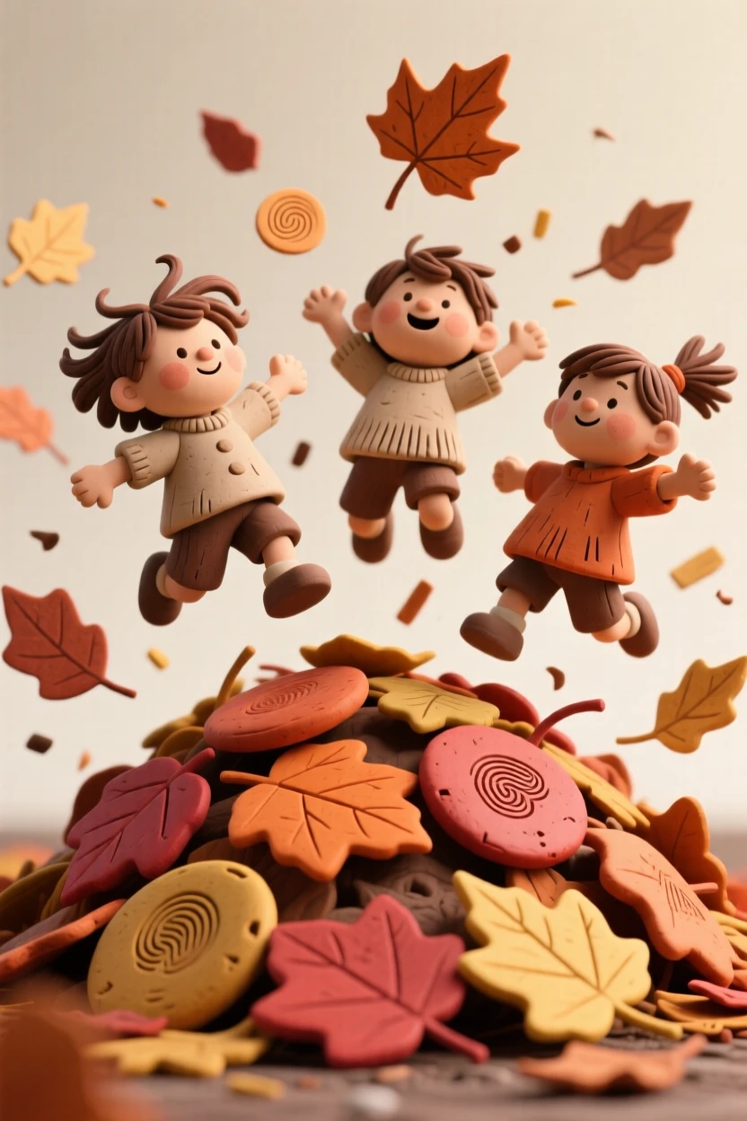 An autumn leaf pile with children mid-jump, leaves scattering