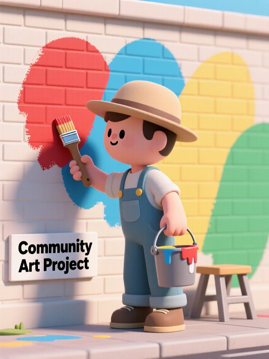A determined community mural painter blends bright colors together on a large outdoor brick wall.