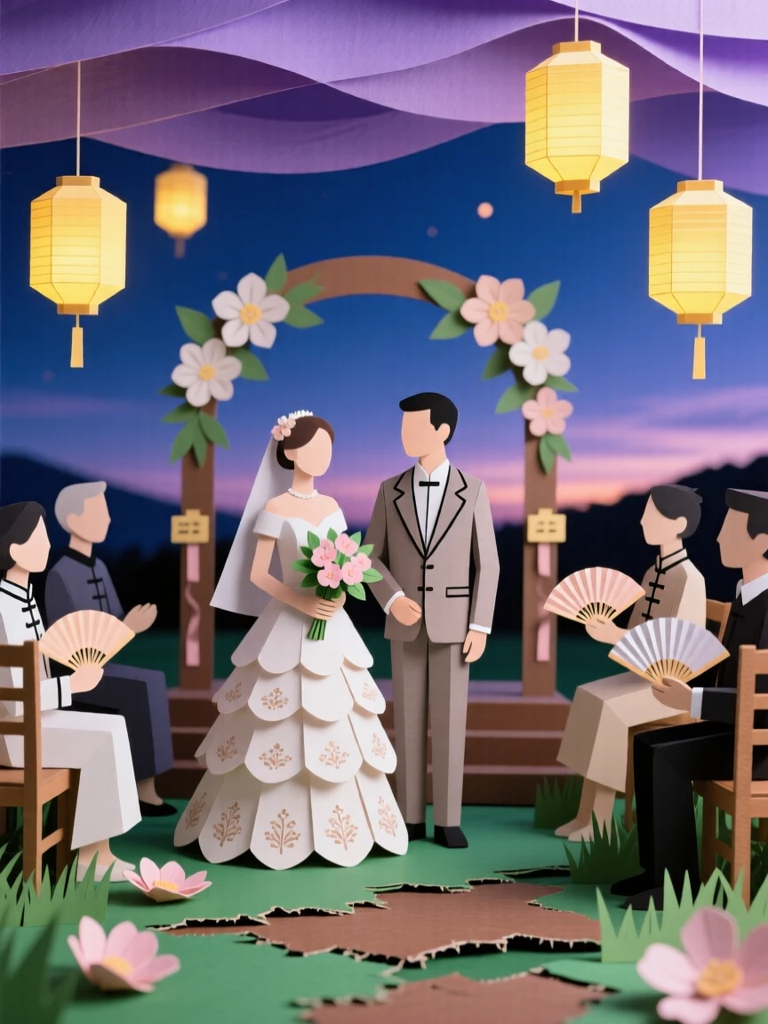 A joyous traditional wedding ceremony filling a twilight sky with soft glowing light, with delicate details evident in every gesture, conveying mindful ritual and tradition.
