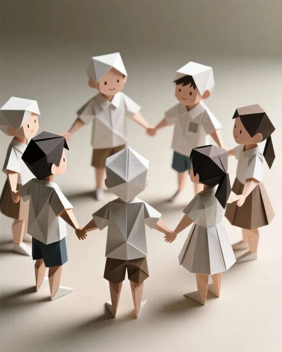 A group of children forming a circle to include a new classmate in their game.