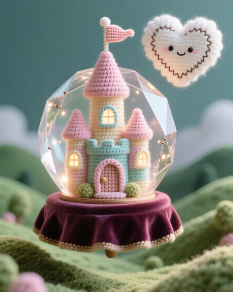 a tiny castle built inside a giant crystal, glowing softly with inner light, is shown resting atop a velvet display stand, floating gently above a quiet valley, surrounded by a single drifting cloud shaped like a heart, radiating gentle magical wonder.