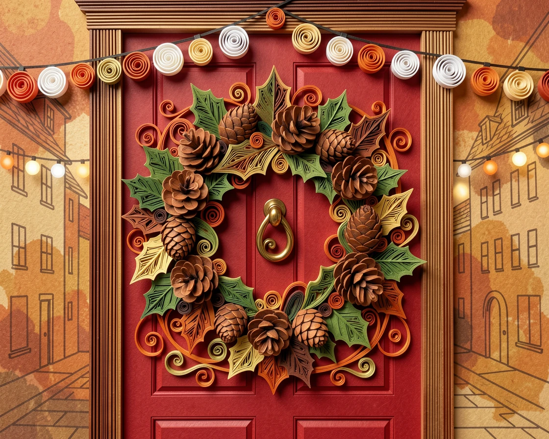 A festive holiday scene of a wreath of holly and pinecones on a red front door in a town square strung with festive lights, in warm autumn tones of orange, rust, and brown, captured with festive bokeh lights in the background.