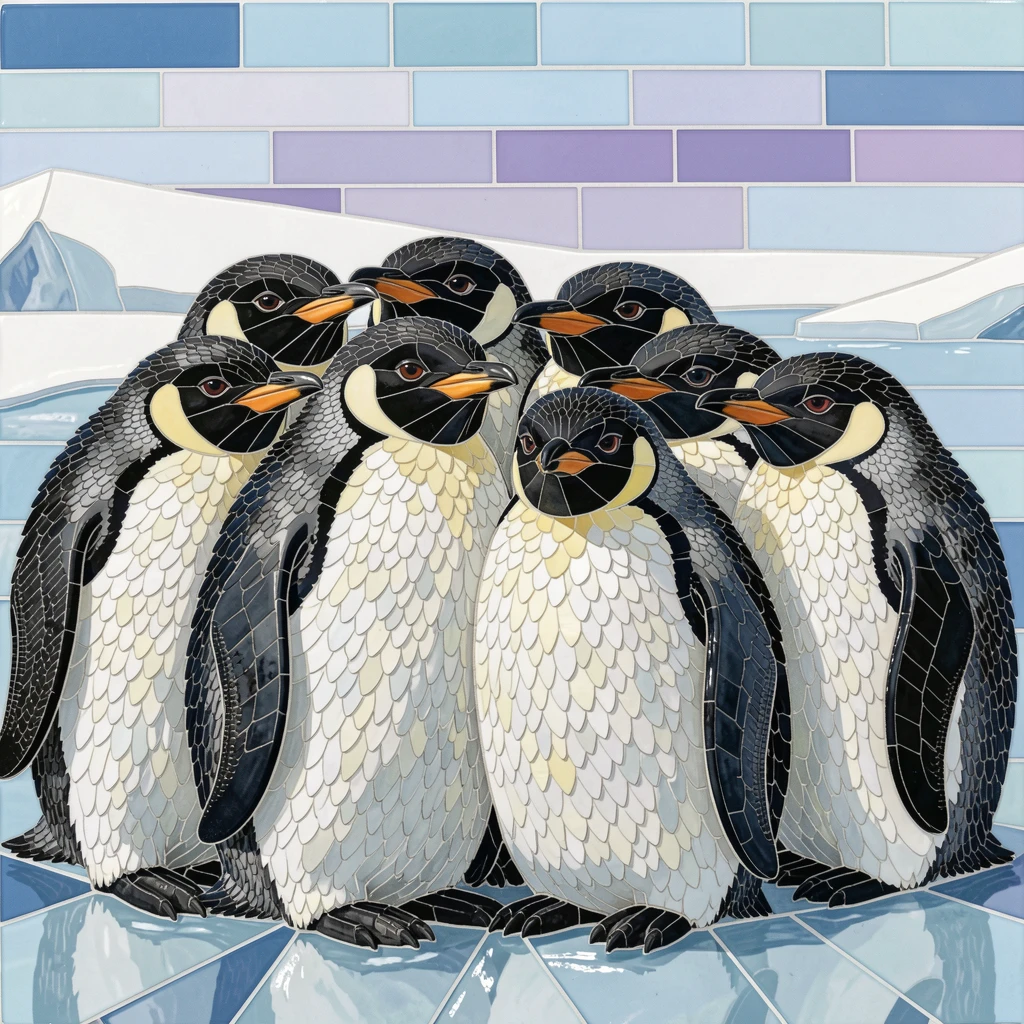 A close-up portrait of a group of emperor penguins huddled together on Antarctic ice, showing rich fur or feather detail and expressive eyes.