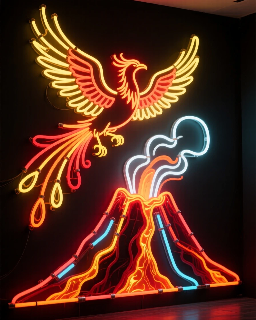 A phoenix soaring above an erupting volcano.