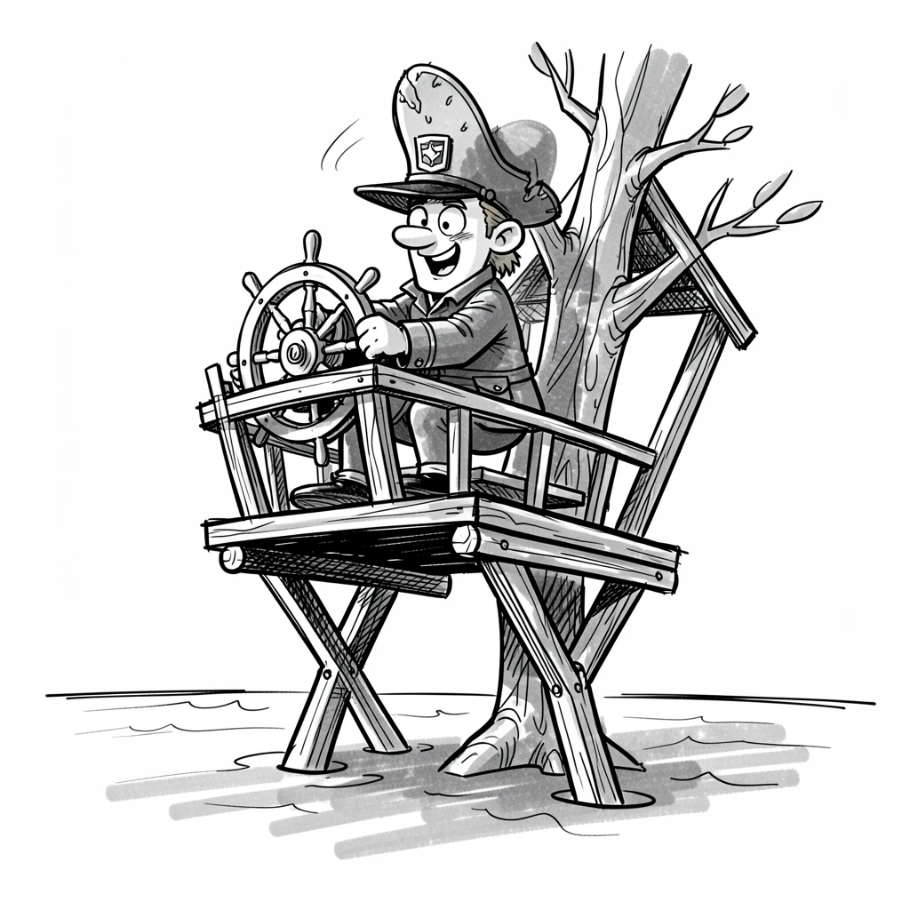 A ship captain steering through calm waters on the frame of a half-built treehouse.
