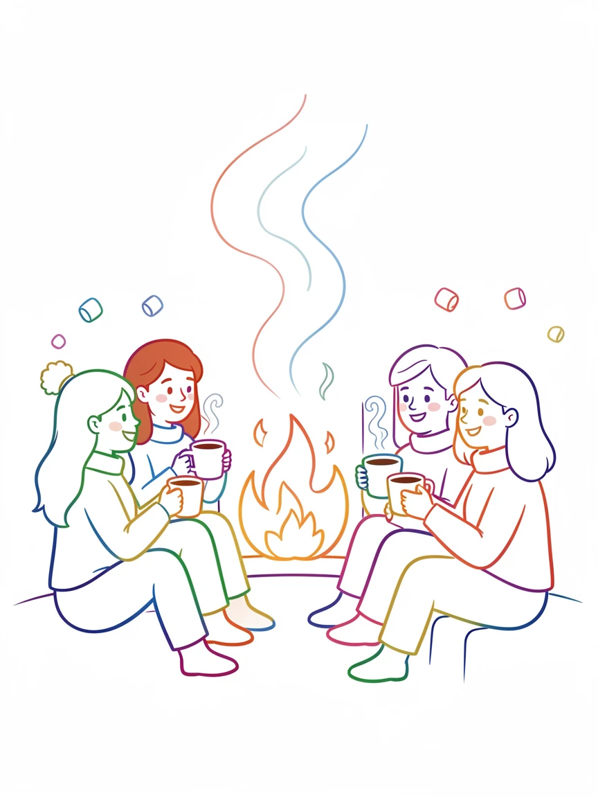 A winter fireside gathering with mugs of cocoa and a crackling fire.