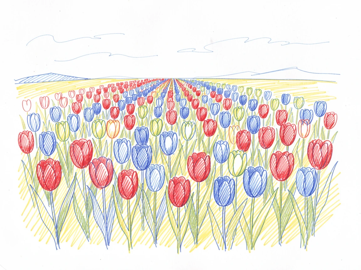 A vibrant field of wild tulips in rainbow rows stretching to the horizon