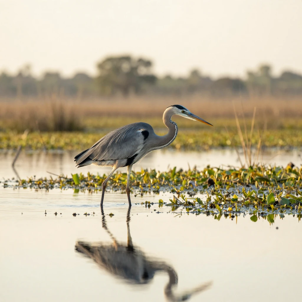 A heron standing perfectly still in shallow marsh water